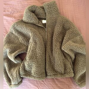 Olive green cropped fuzzy zip up